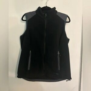 L L Bean Womens Medium Black Grey Polar Fleece Vest Cinch Waist Zippered Pockets